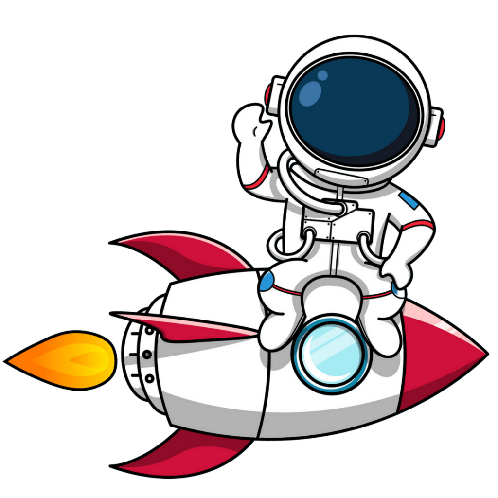 A cartoon astronaut joyfully rides a rocket, soaring through the vastness of space with a smile on their face.