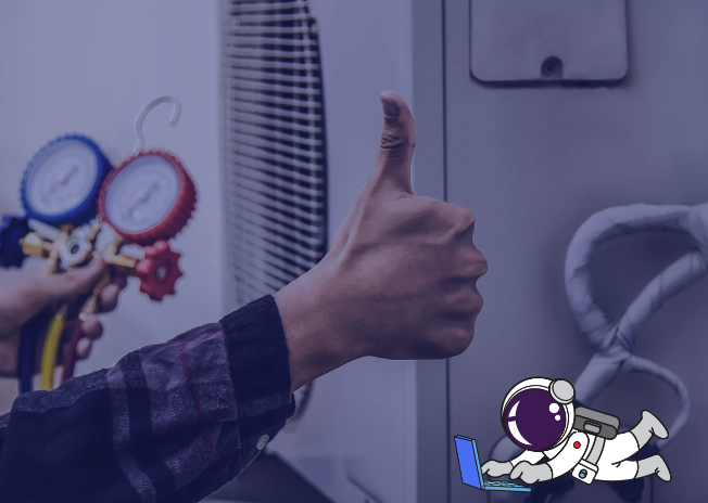Person giving thumbs up next to air conditioner, indicating satisfaction with cooling system.