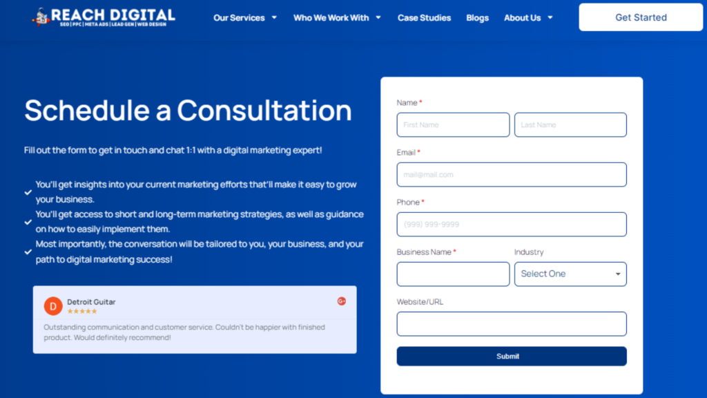 Reach Digital consultation form with fields for contact details and business information, alongside consultation benefits.