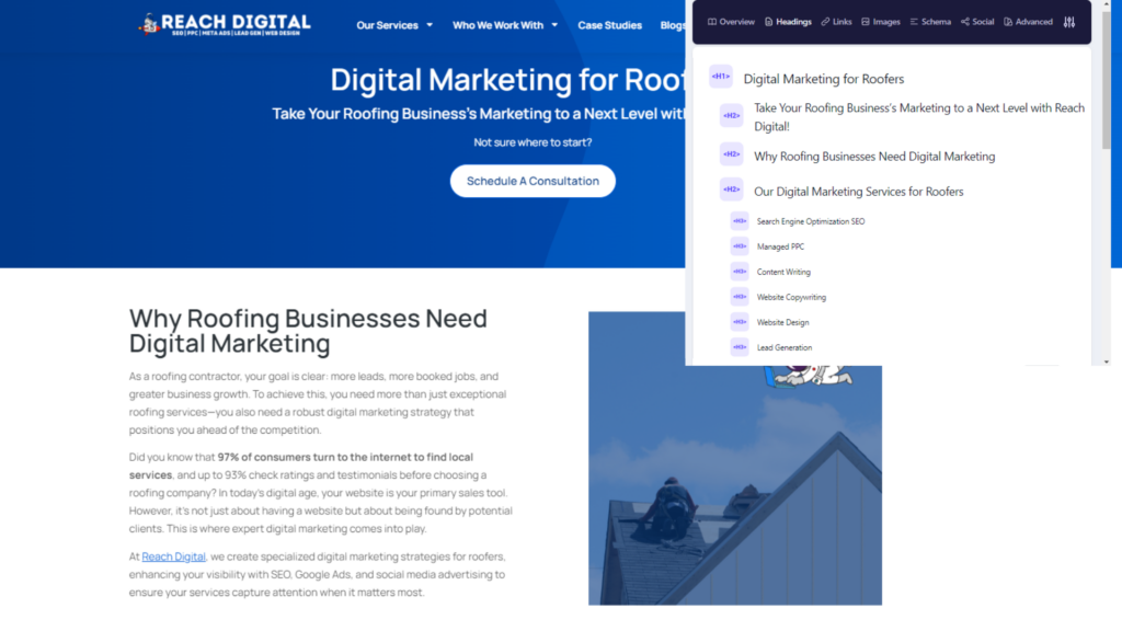 Reach Digital’s digital marketing services for roofers webpage, offering SEO, PPC, website design, and lead generation services with a strong focus on the benefits of digital marketing for roofing businesses.