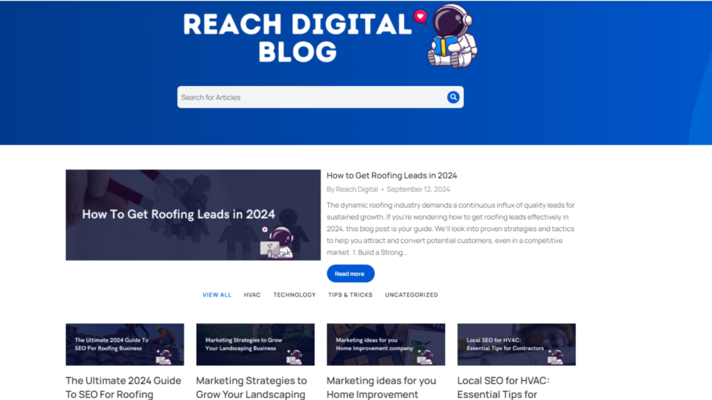 Reach Digital Blog homepage screenshot featuring the article 'How to Get Roofing Leads in 2024'