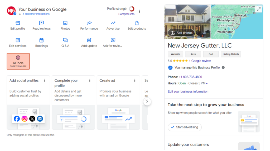 Google Business Profile dashboard for New Jersey Gutter, LLC showing profile completeness, 5-star rating, and various options like editing profile, reading reviews, and managing services.