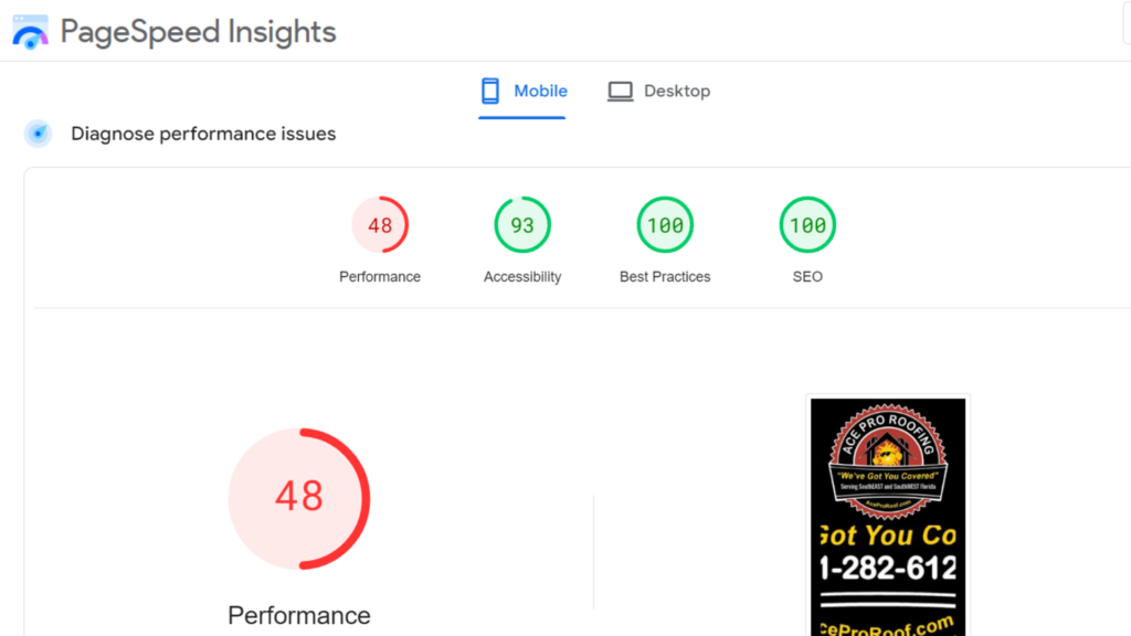 Google PageSpeed Insights mobile performance report showing 48 for performance, 93 for accessibility, 100 for best practices, and 100 for SEO. A roofing company ad appears on the right