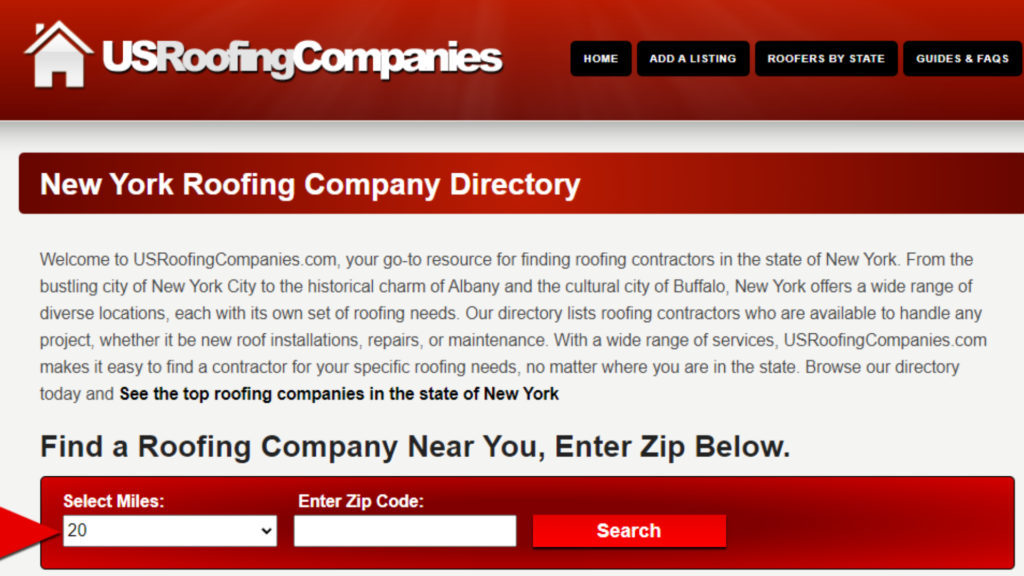 Screenshot of US Roofing Companies directory website. The interface allows users to find roofing contractors in New York by entering a zip code and selecting a search radius.