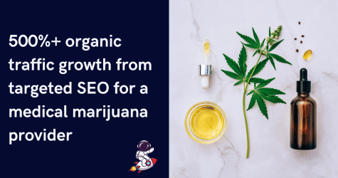 Infographic showing '500%+ organic traffic growth from targeted SEO for a medical marijuana provider' with an image of cannabis-related products, including a dropper and a tincture bottle, alongside an astronaut mascot.