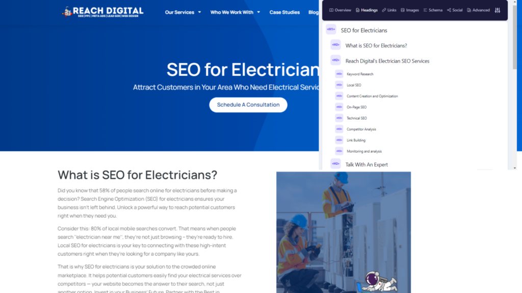 Reach Digital’s digital marketing services for Electricians webpage, offering SEO, PPC, website design, and lead generation services with a strong focus on the benefits of digital marketing for Electrician businesses.