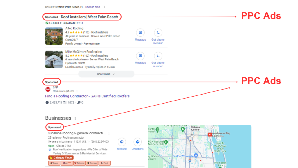 Screenshot with PPC Roofing Ads examples