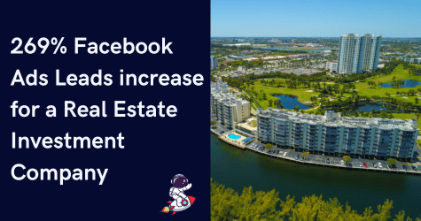 Infographic showing '269% Facebook Ads leads increase for a Real Estate Investment Company' with an aerial view of a waterfront residential area