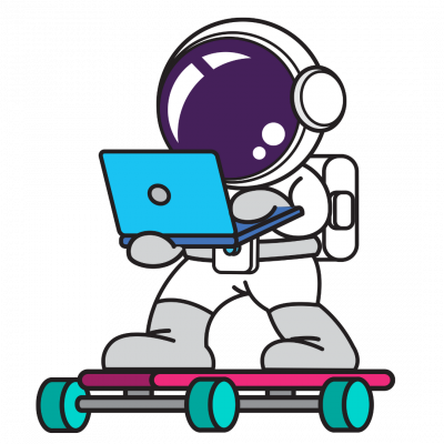 Space explorer on skateboard, laptop in hand, navigating the SEO world